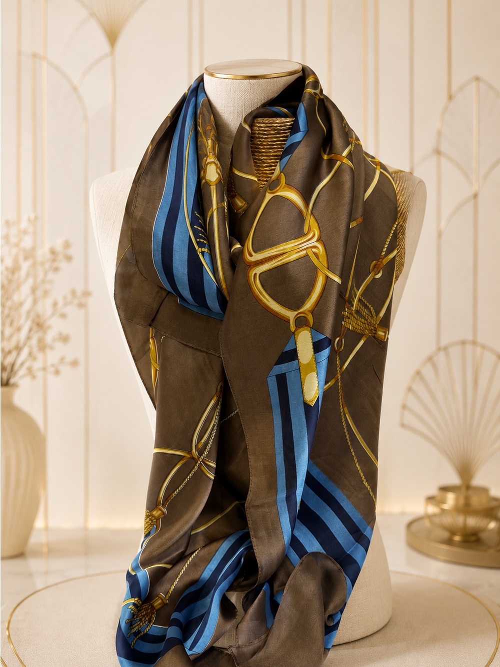 🆕🔥HOT BUY!Elegant Brown & Blue Silk Tassel Patterned Scarf